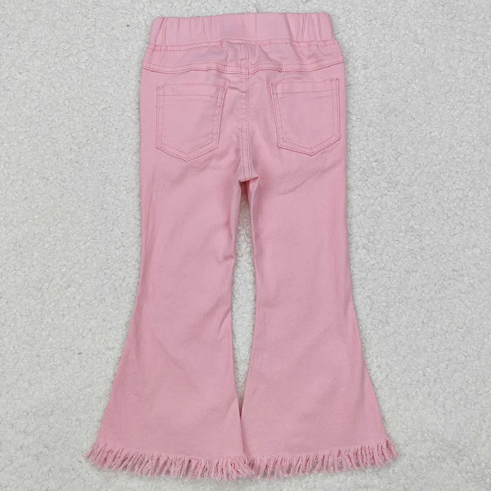 Baby Girls Pants Elastic Pink Fringe Ruffle Denim Jeans P0463