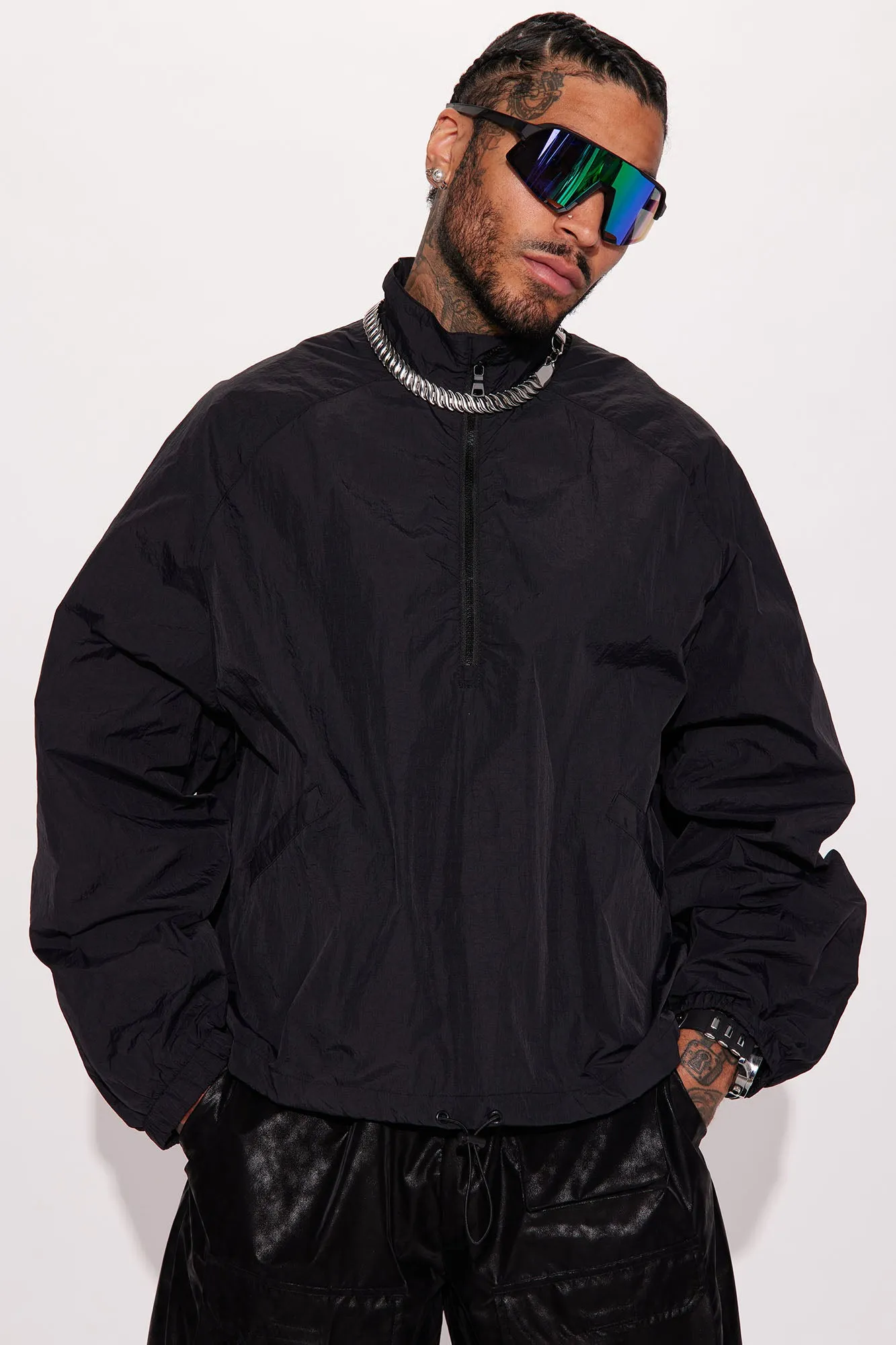 Batter Up Crinkle Nylon Technical Anorak - Black