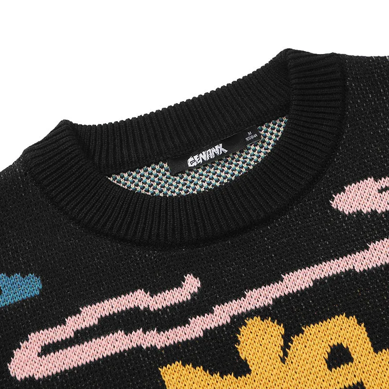 Black Fake Two Piece Letter Geometric Jacquard Knitted Sweater