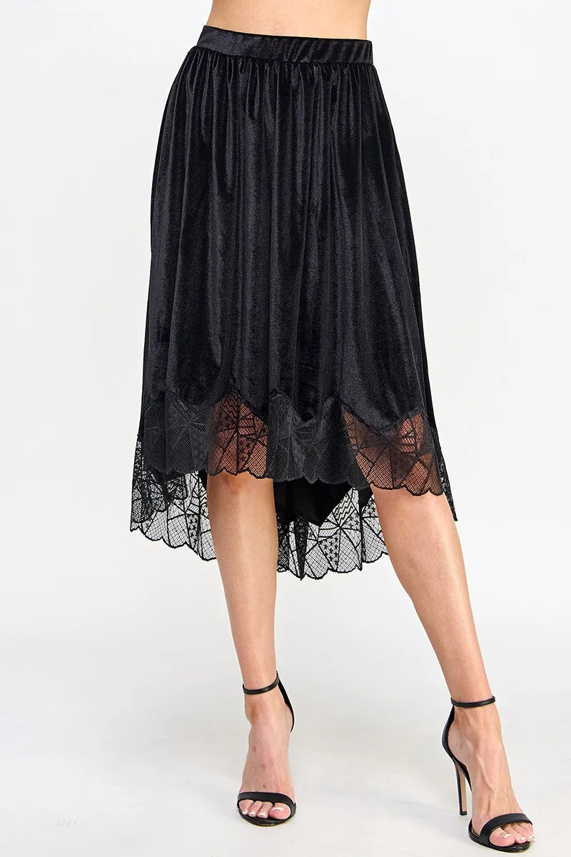 Black Velvet Elastic Waistband Hi-Low Midi Skirt W Lace