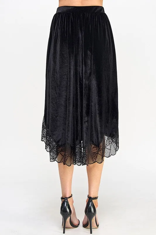 Black Velvet Elastic Waistband Hi-Low Midi Skirt W Lace