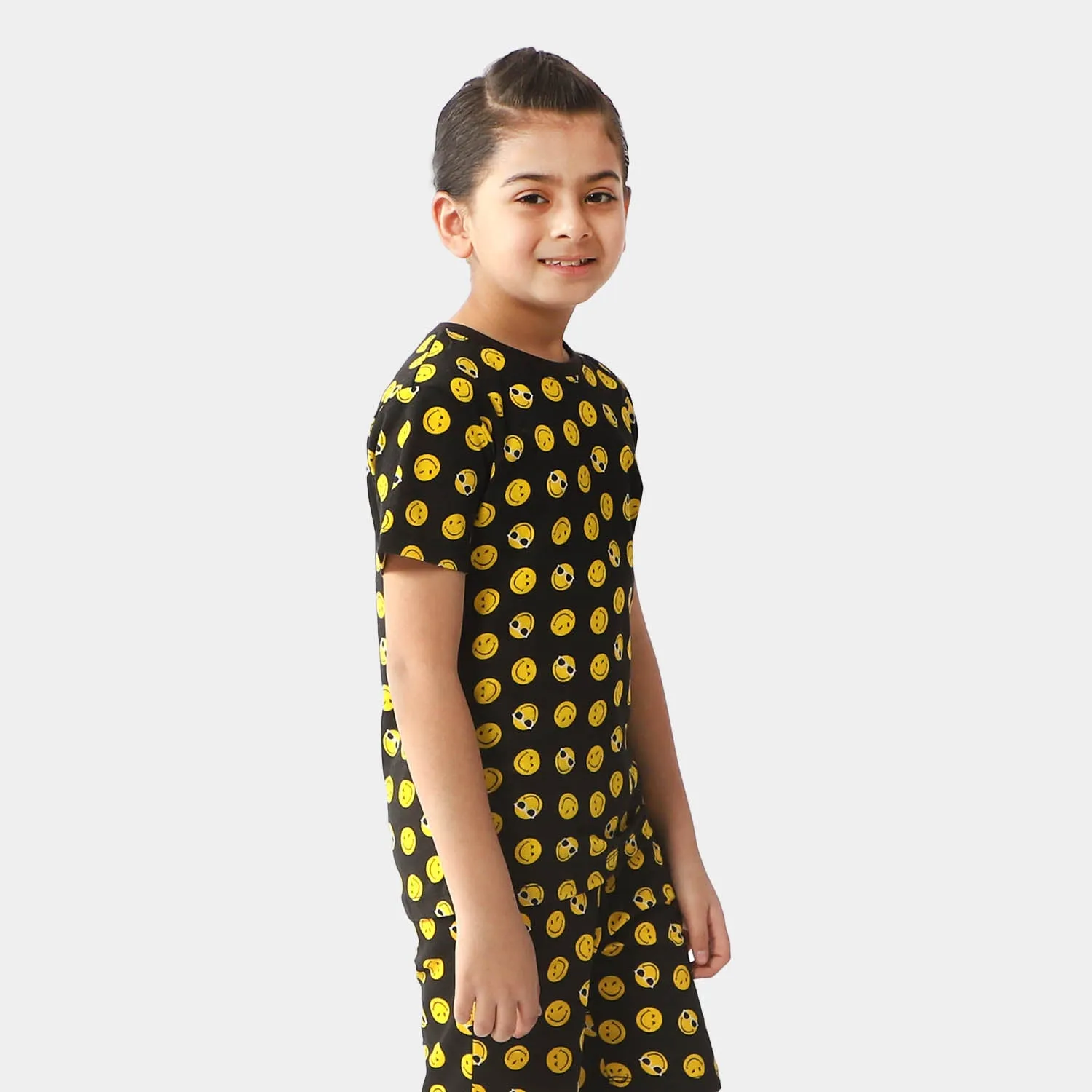 Boys Cotton T-Shirt Smiley Faces | BLACK