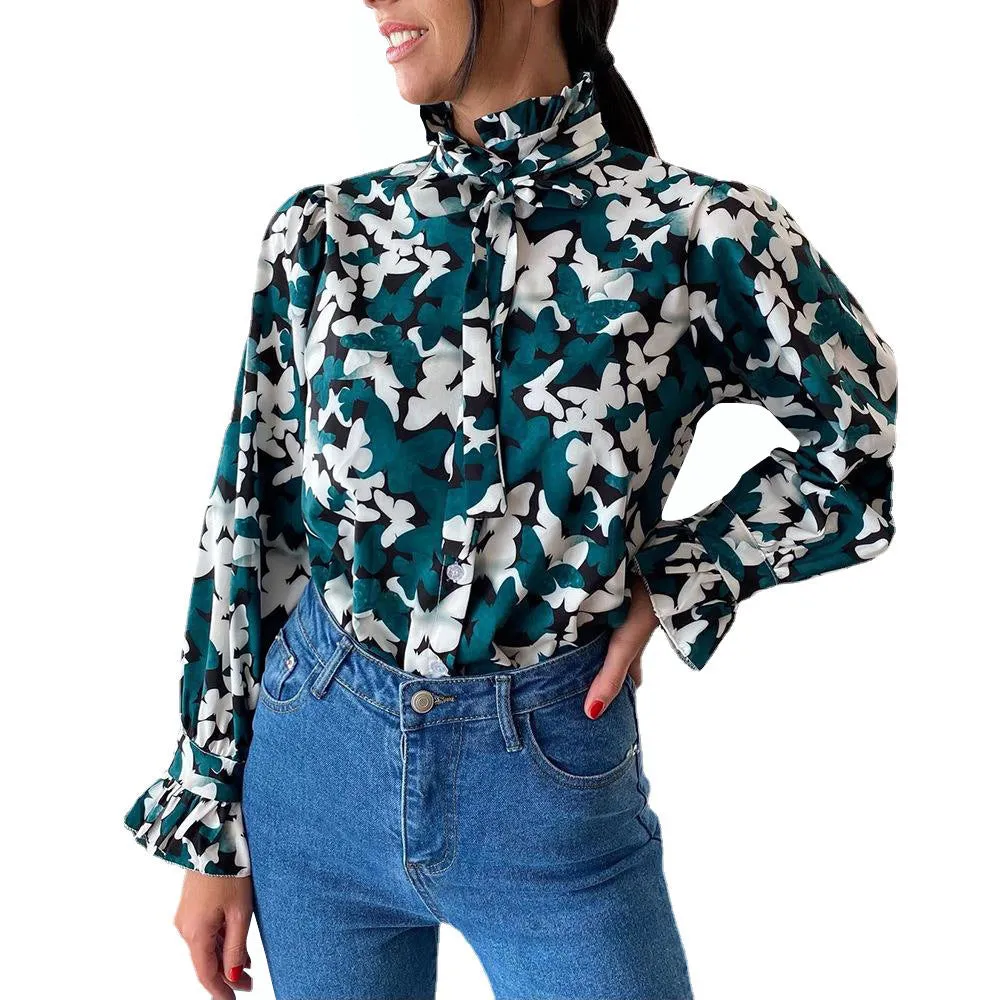 Butterfly Print Casual Office Women Clothing Fashion Wholesale Blouses