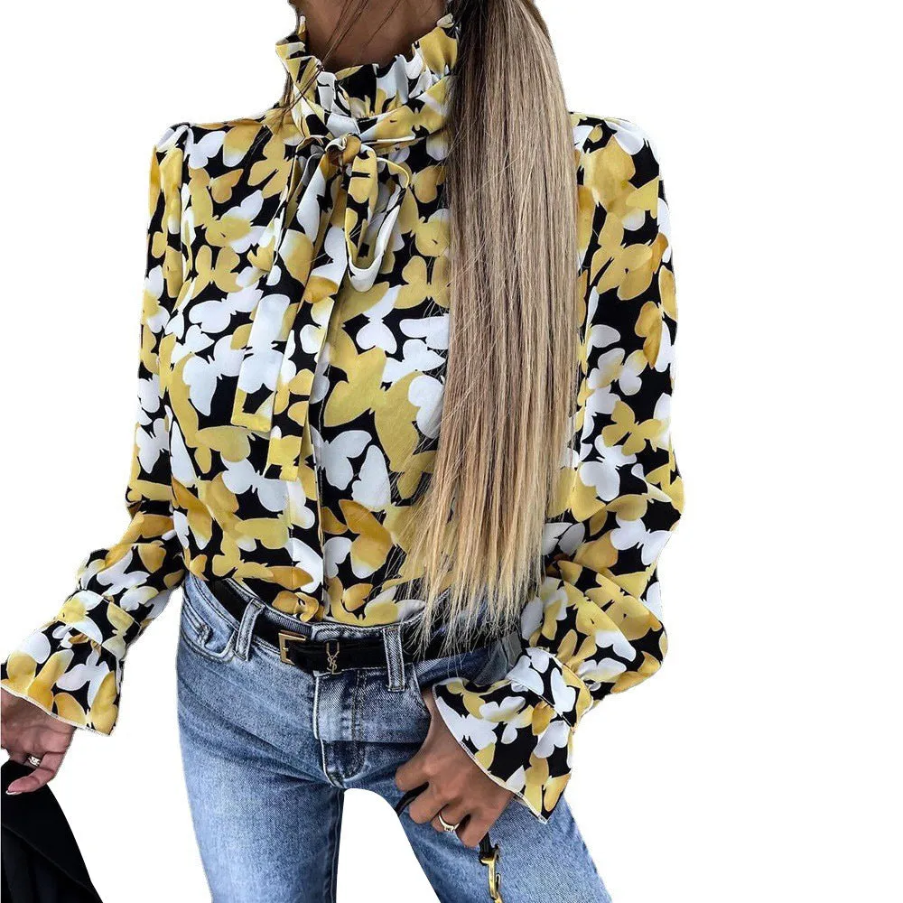 Butterfly Print Casual Office Women Clothing Fashion Wholesale Blouses