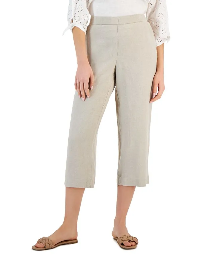 Charter Club women's 100% linen slip-on cropped trousers, tan/beige