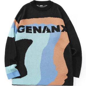 Color Block Letter Jacquard Crew Neck Sweater