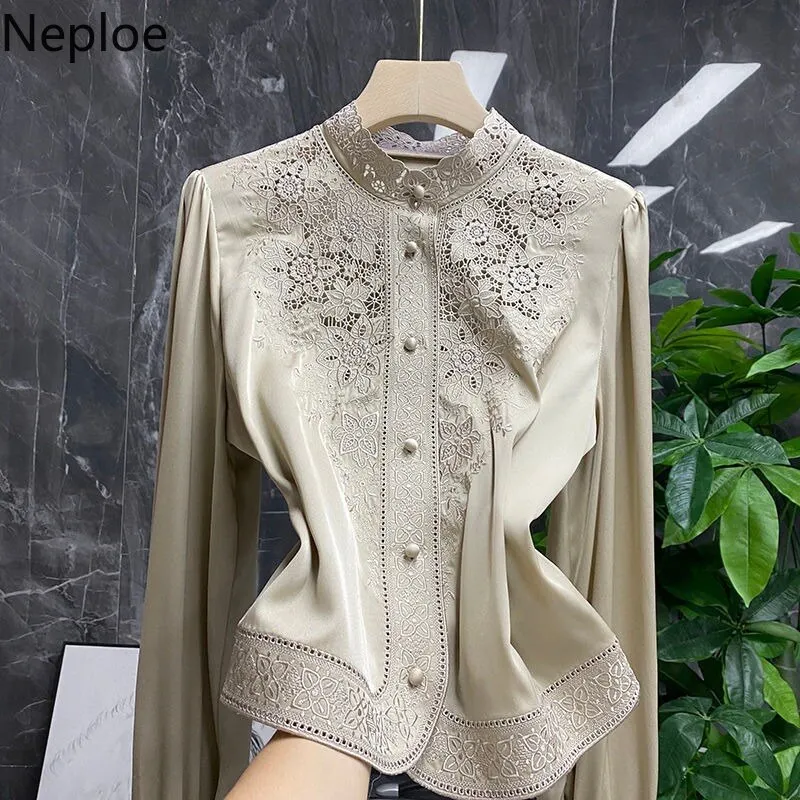 deanwangkt Blouses Womens Clothes Tops Vintage Blusas De Mujer Stand Collar Embroidery Blouse Korean Fashion Long Sleeve Shirt