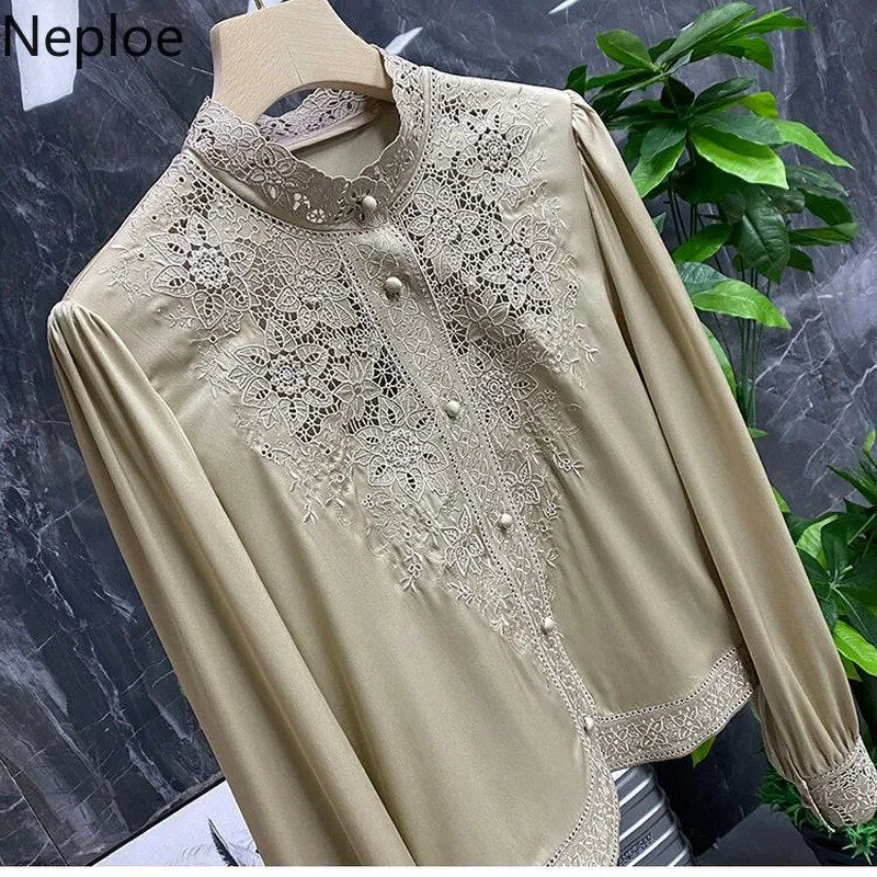 deanwangkt Blouses Womens Clothes Tops Vintage Blusas De Mujer Stand Collar Embroidery Blouse Korean Fashion Long Sleeve Shirt