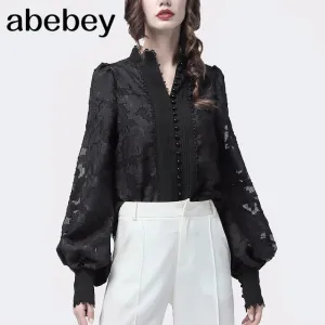 deanwangkt Lace Women's Shirts Lantern Long Sleeves Stand Collar Korean Shirt Blouse Female  Autumn Fashion New