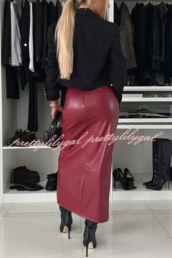 Excellent Partner Faux Leather High Rise Front Slit Stretch Midi Skirt