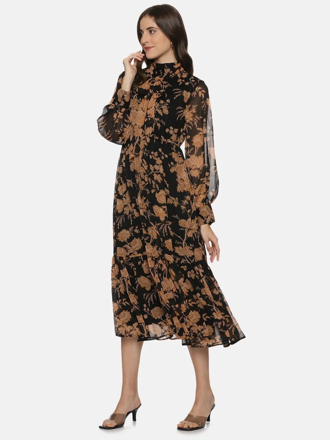 Floral Black Front Tie Knot Midaxi Dress