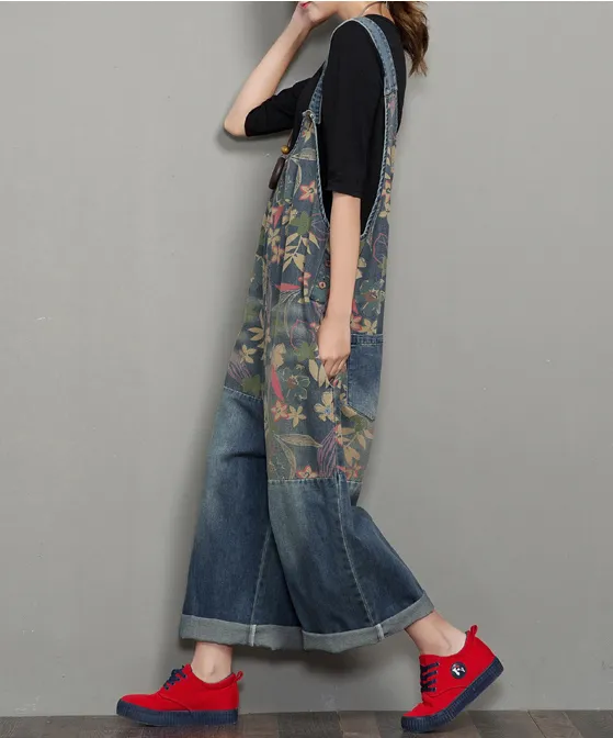 Floral Loose Handmade Denim Casual Spring Denim Overall Women Jumpsuits QY01