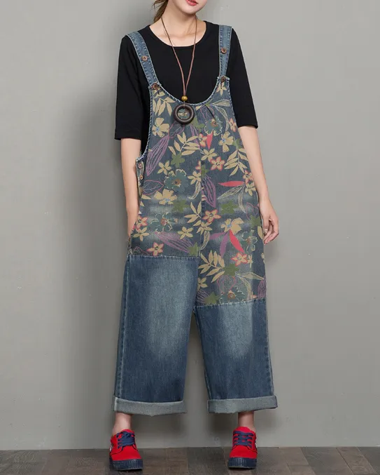 Floral Loose Handmade Denim Casual Spring Denim Overall Women Jumpsuits QY01