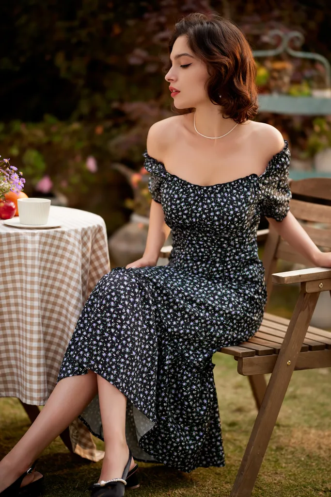 Floral Printed Two-Way Dress Short Sleeve Square Neck/Off Shoulder A-Line Dress