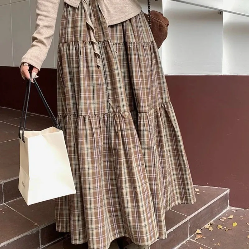 Girlary Plaid Long Skirt Women Vintage Elegant Preppy Style Midi Skirts Harajuku Autumn Winter Casual Streetwear A-line Skirts