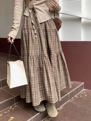 Girlary Plaid Long Skirt Women Vintage Elegant Preppy Style Midi Skirts Harajuku Autumn Winter Casual Streetwear A-line Skirts