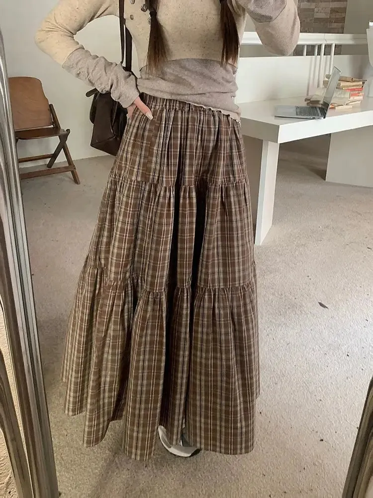 Girlary Plaid Long Skirt Women Vintage Elegant Preppy Style Midi Skirts Harajuku Autumn Winter Casual Streetwear A-line Skirts