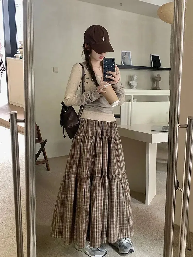 Girlary Plaid Long Skirt Women Vintage Elegant Preppy Style Midi Skirts Harajuku Autumn Winter Casual Streetwear A-line Skirts