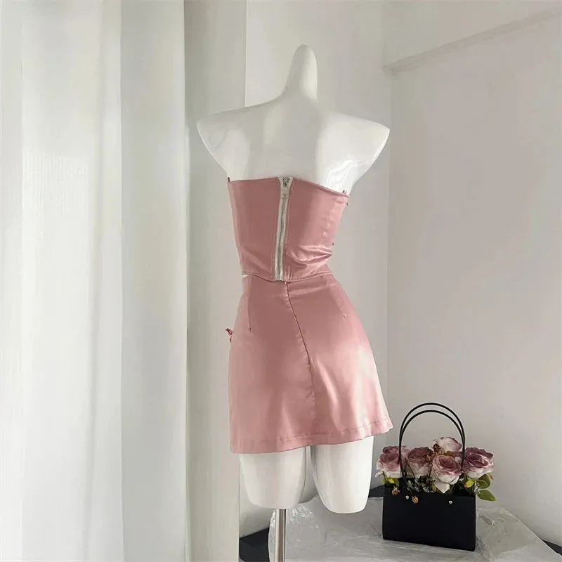 Girlary Summer Women Old Money French Vintage Luxury Rave Birthday Outfits 2 Piece Set Hot Bow Tube Top   Mini Skirts Mori Girl Elegant