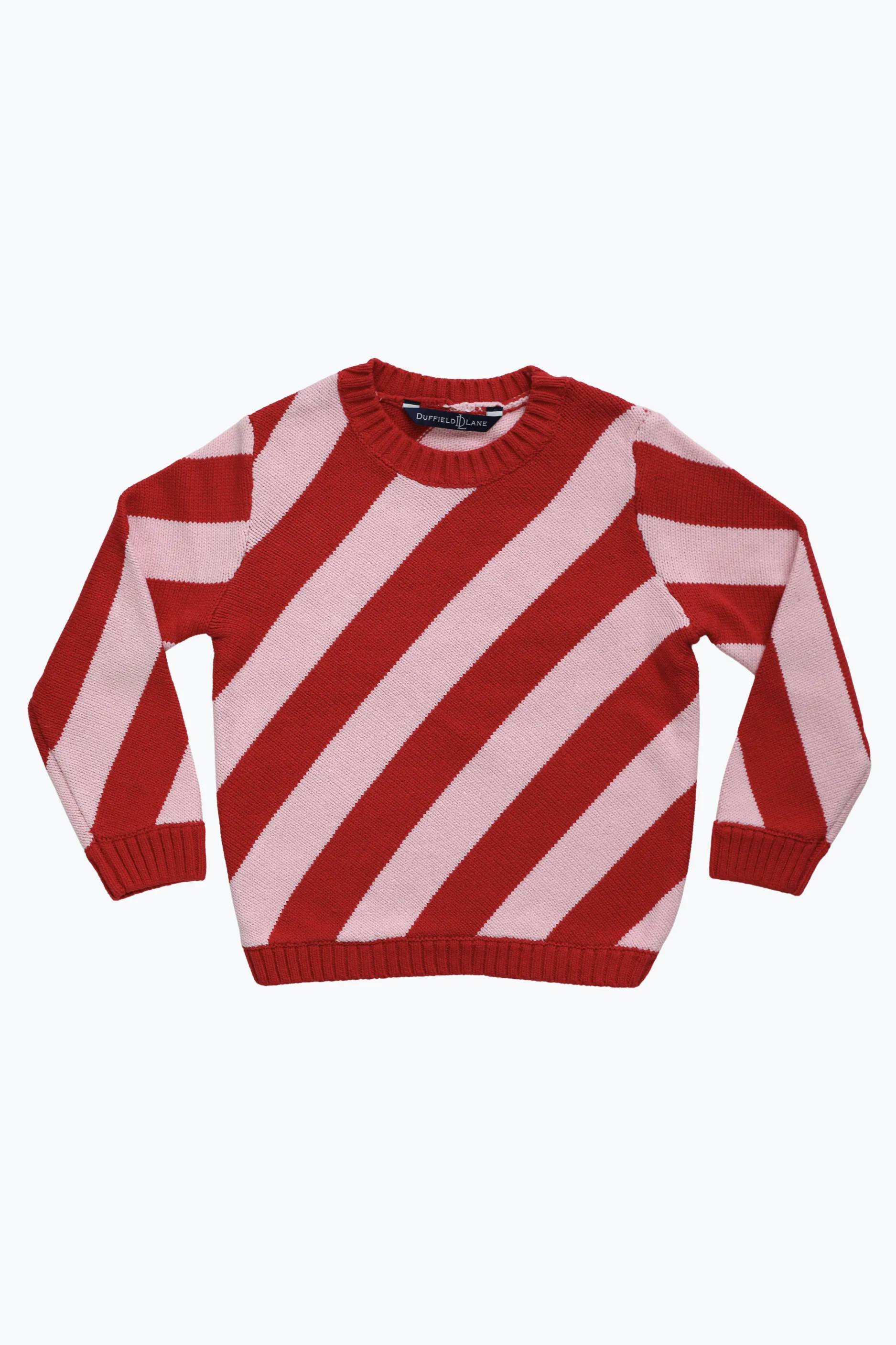 Girls Diagonal Stripe Crew Neck Sweater in Red and Pink