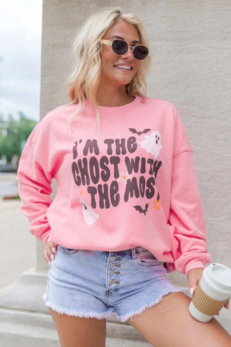 Halloween "Ghost With The Most" Pink Graphic Sweatshirt