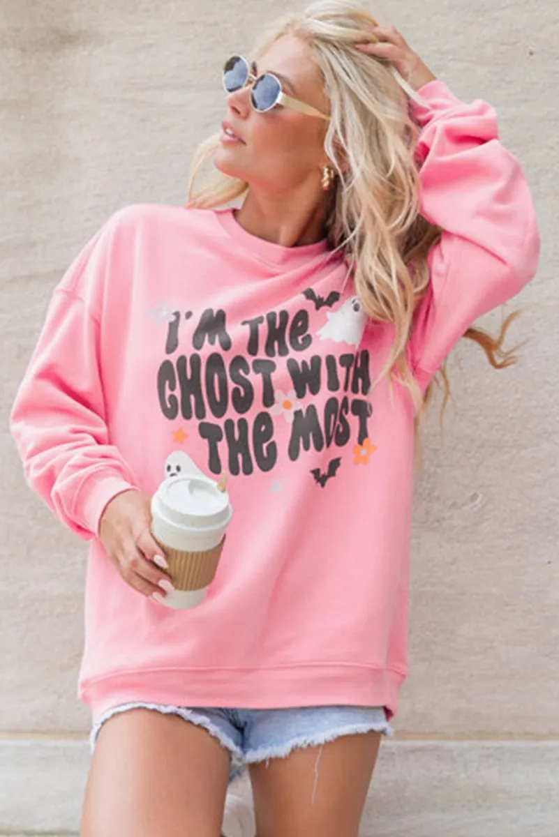 Halloween "Ghost With The Most" Pink Graphic Sweatshirt