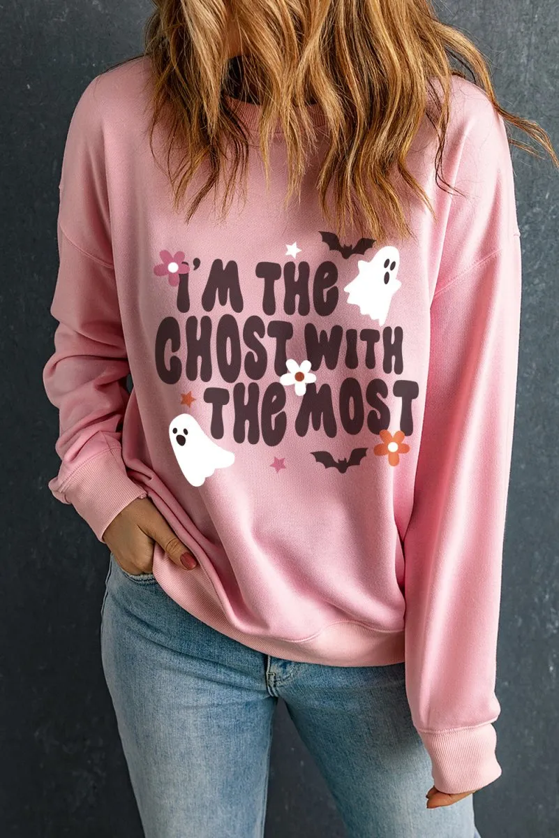 Halloween "Ghost With The Most" Pink Graphic Sweatshirt