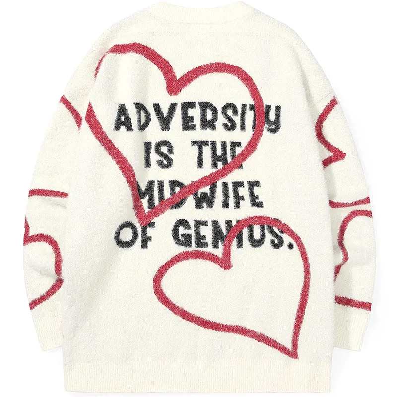 Heart Print Letter Jacquard Crew Neck Sweater