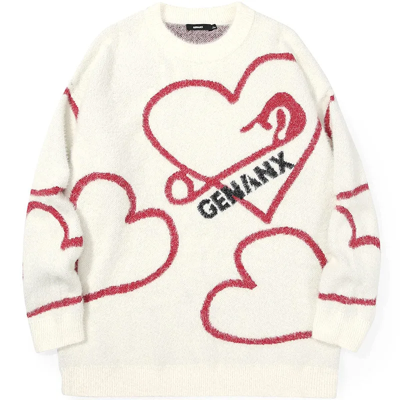 Heart Print Letter Jacquard Crew Neck Sweater