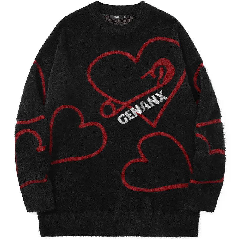 Heart Print Letter Jacquard Crew Neck Sweater