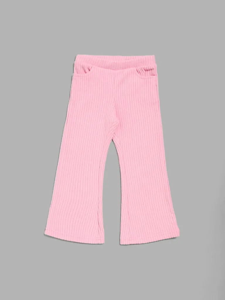 HOP Kids Pink Self-Striped Bootcut Trousers