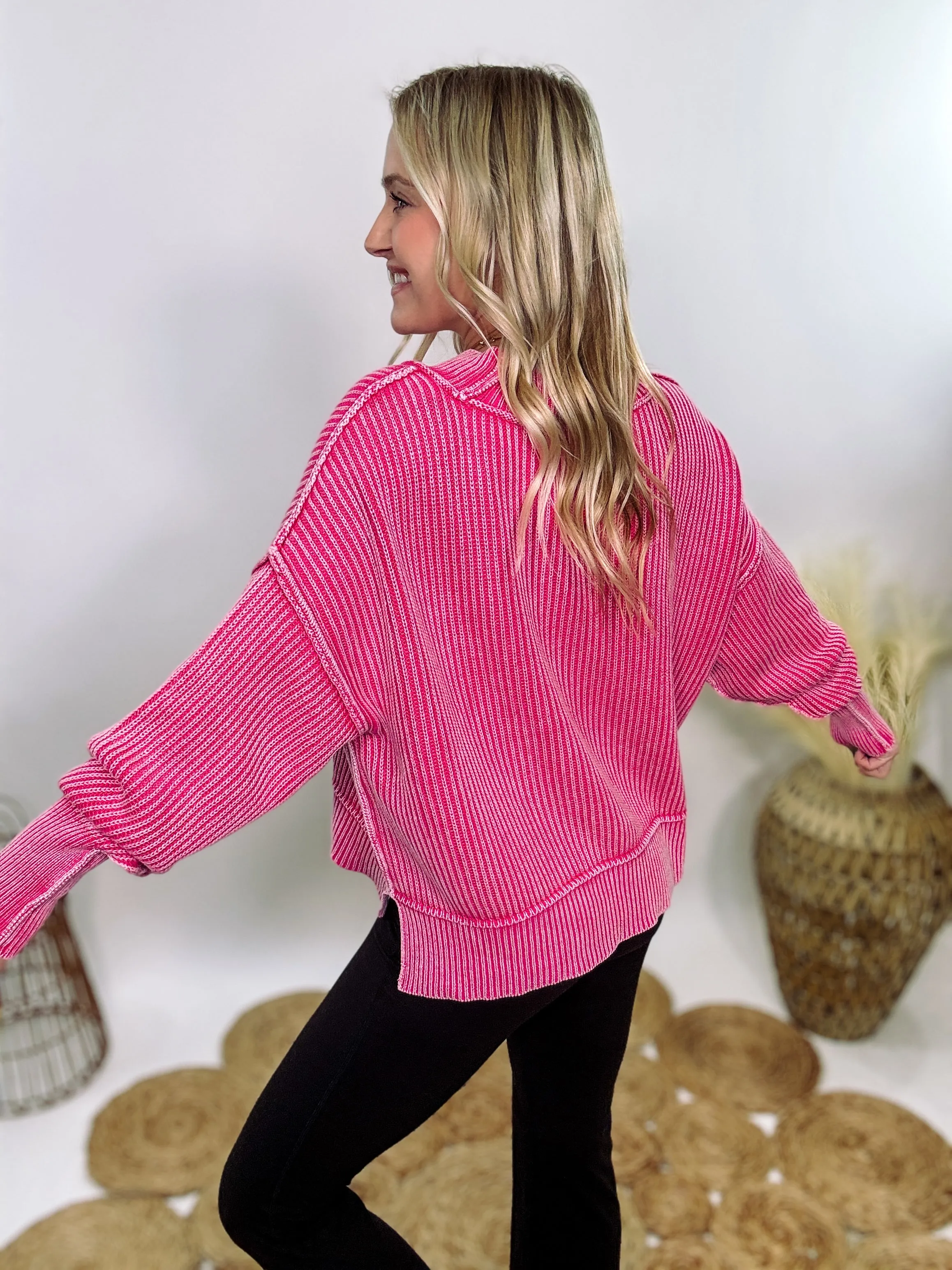 Hot Pink Acid Washed Ribbed Side Slit Sweater