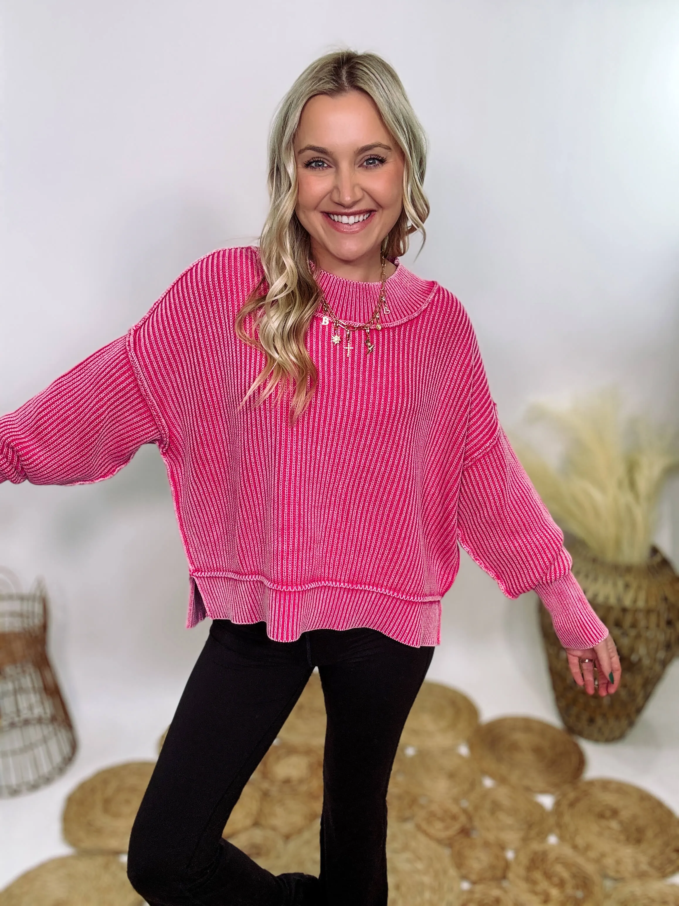 Hot Pink Acid Washed Ribbed Side Slit Sweater