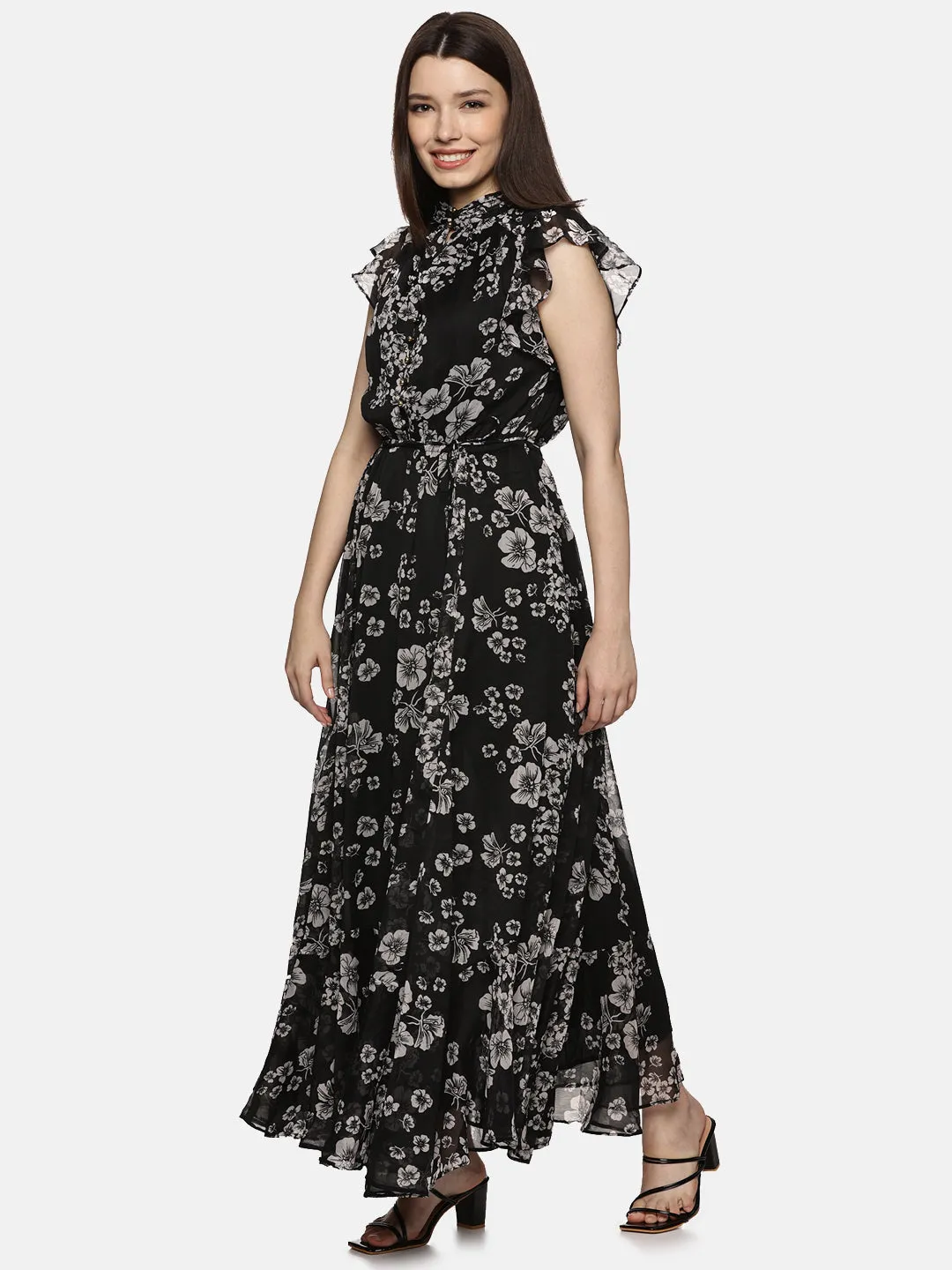 IS.U Floral Black Frilled Dress at best price in India