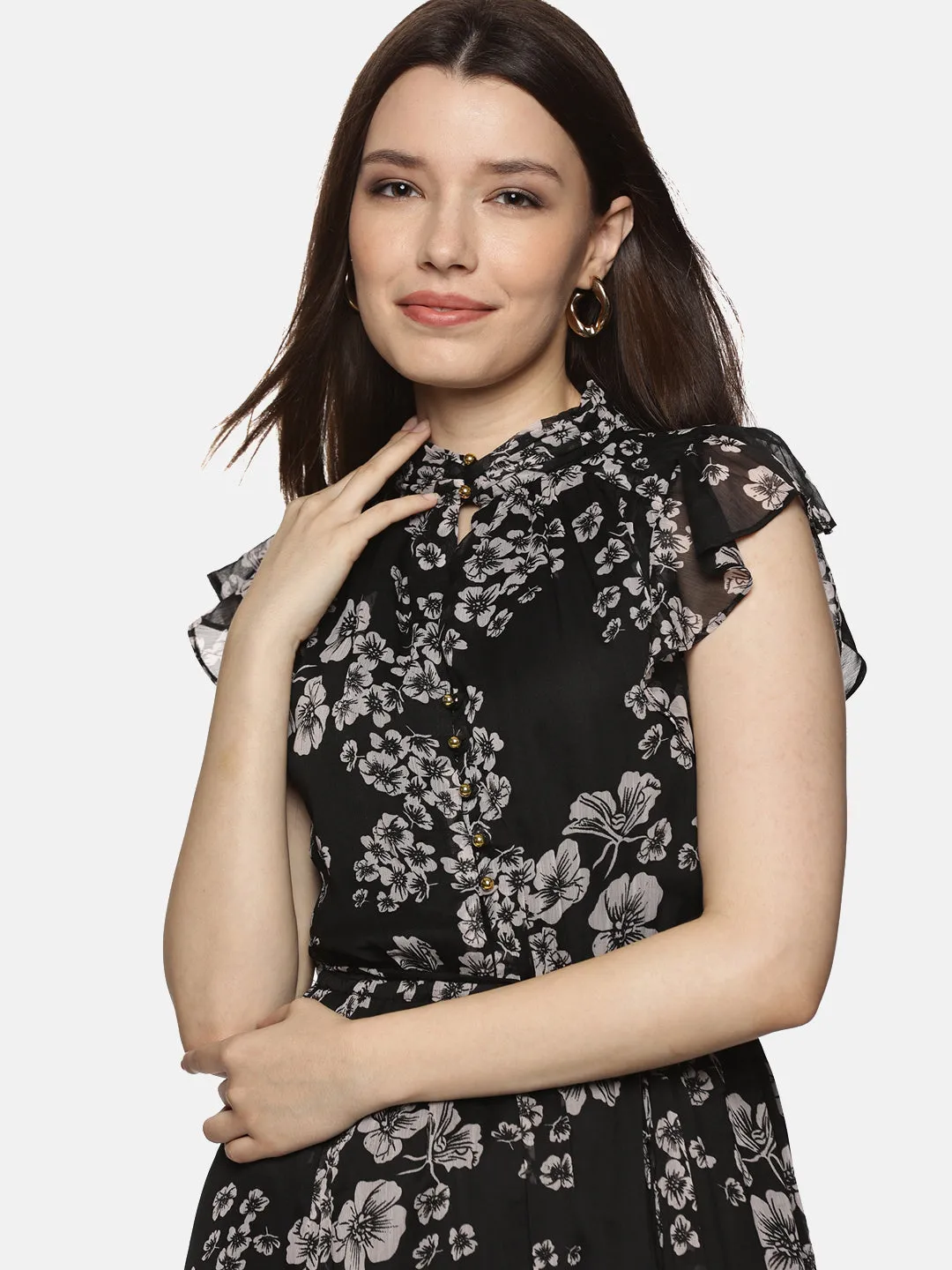 IS.U Floral Black Frilled Dress at best price in India