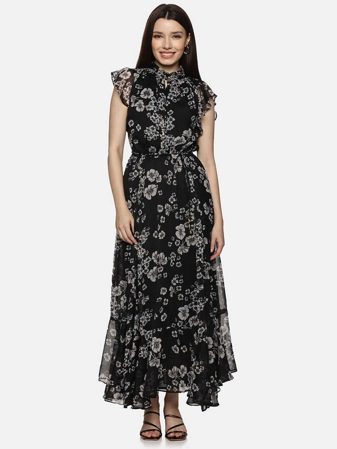 IS.U Floral Black Frilled Dress at best price in India