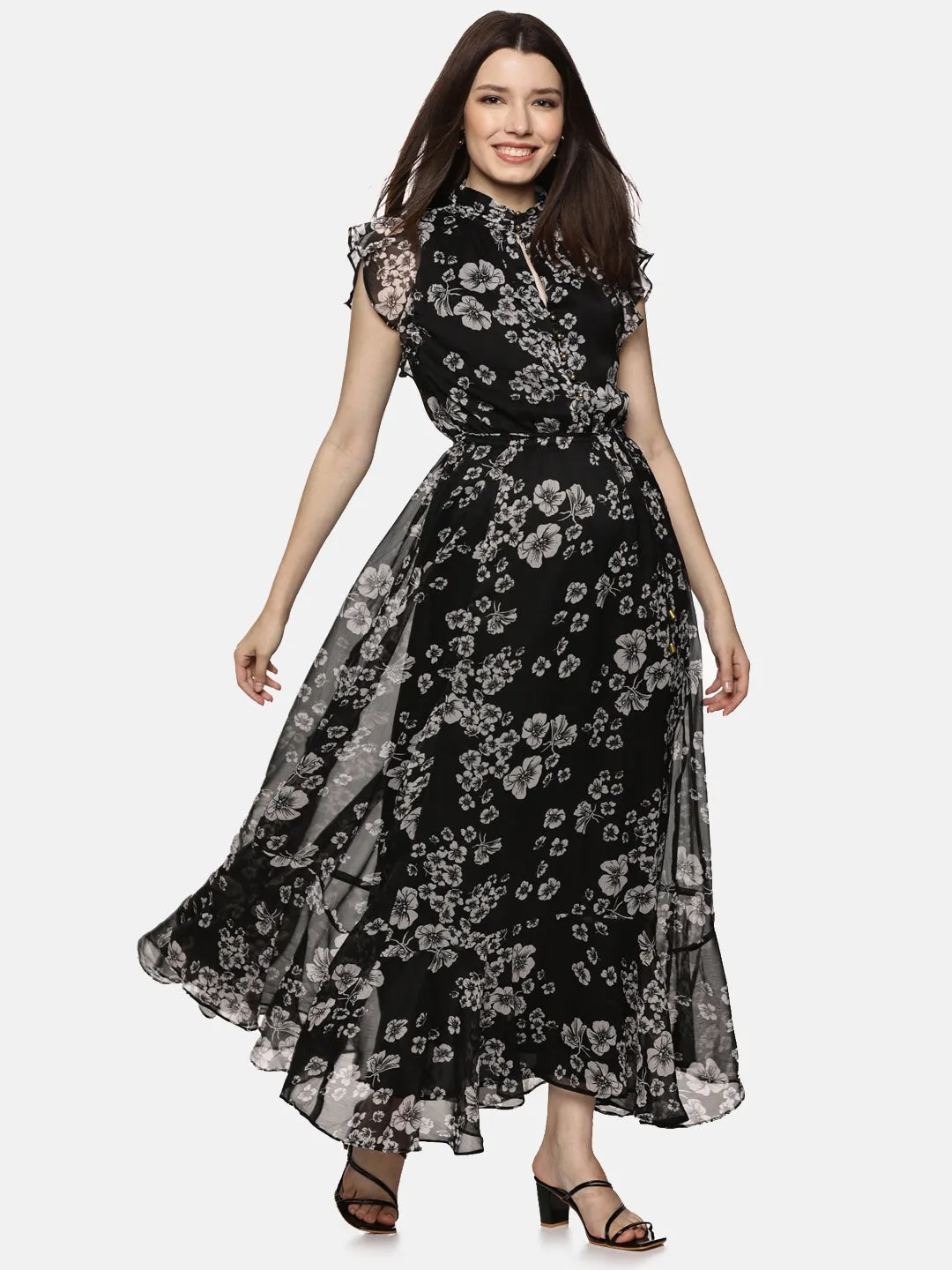 IS.U Floral Black Frilled Dress at best price in India