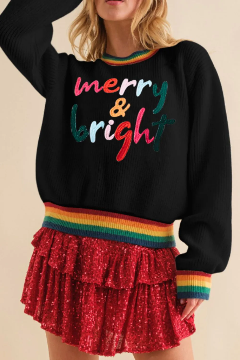 kesley MERRY & BRIGHT Ribbed Round Neck Sweater