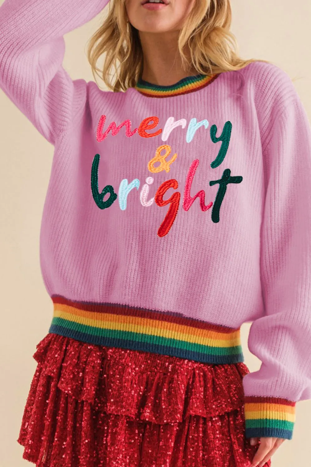 kesley MERRY & BRIGHT Ribbed Round Neck Sweater