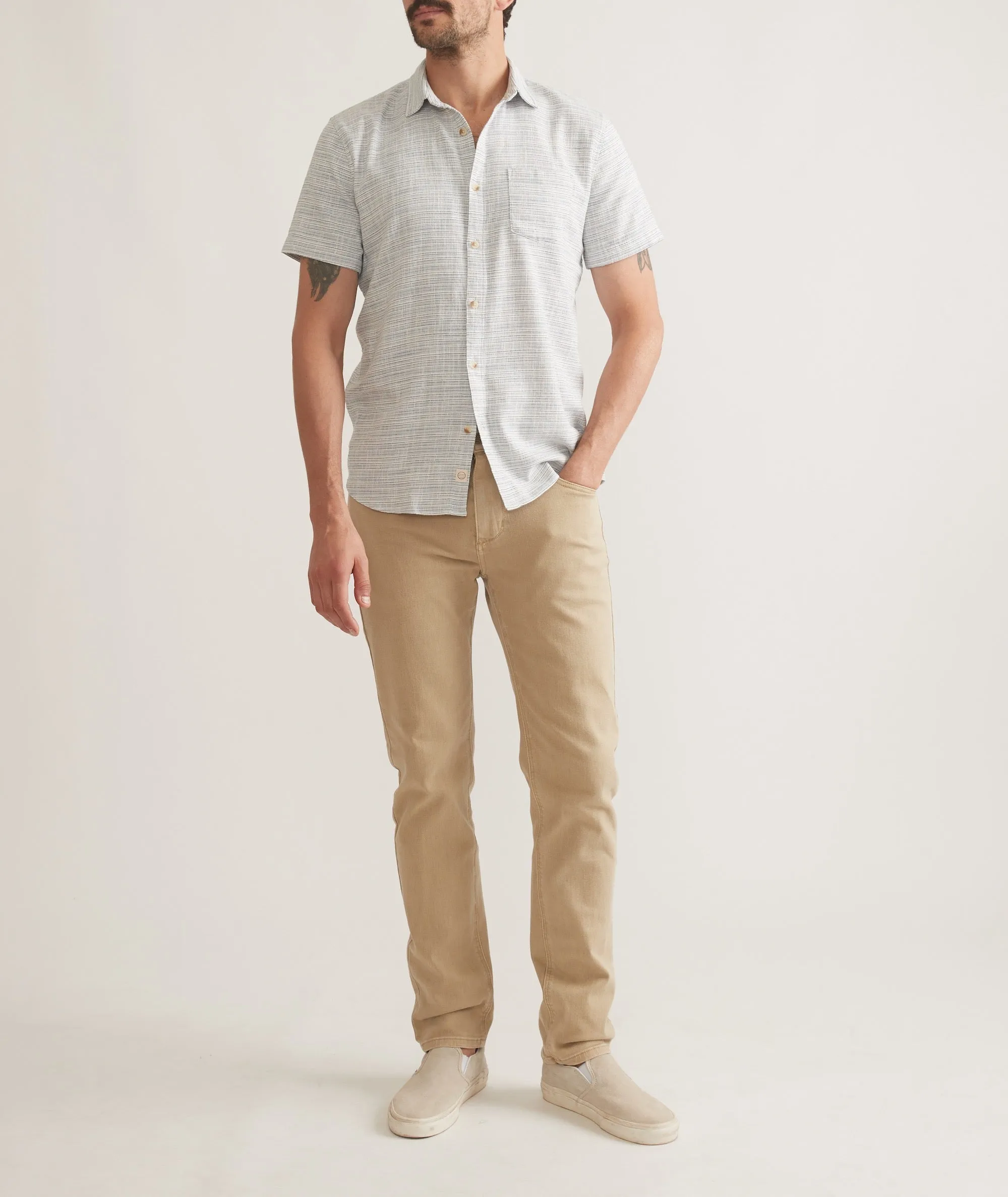 Marine Layer Stretch Selvage Short Sleeve Shirt in Blue Mini Stripe