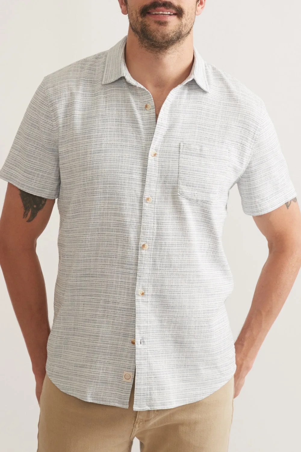 Marine Layer Stretch Selvage Short Sleeve Shirt in Blue Mini Stripe