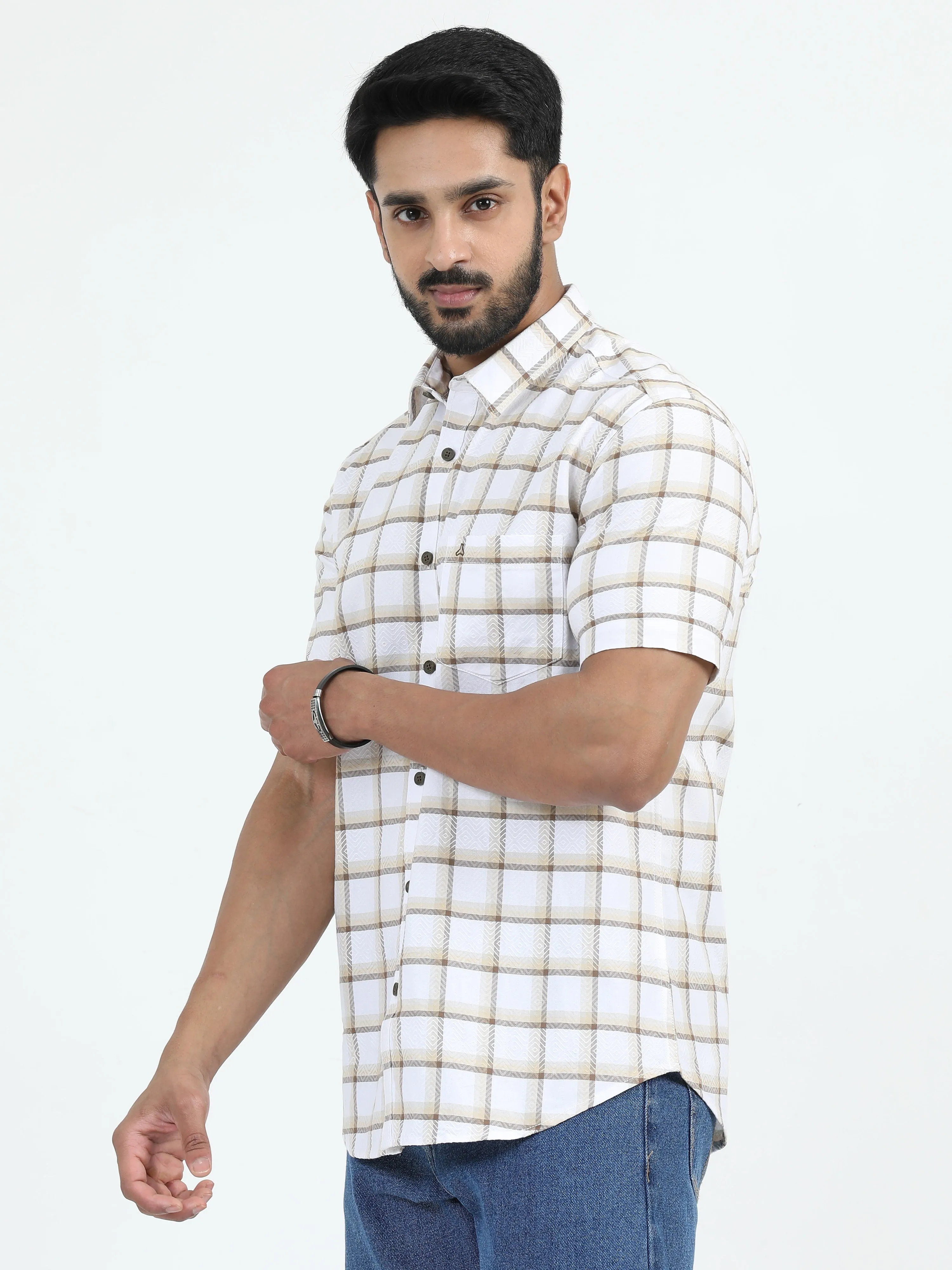 MEN'S KHAKI CHECKED SLIM FIT SHIRT