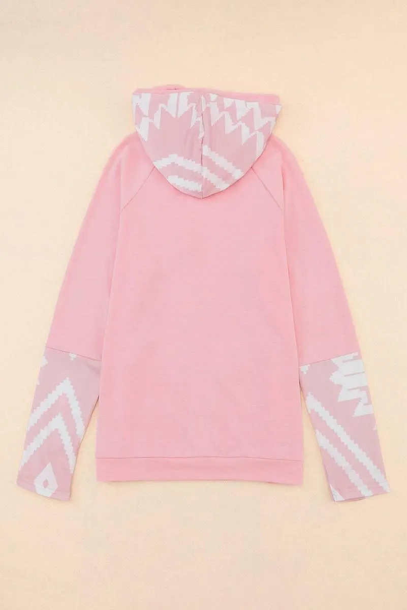 Pink Aztec Patchwork Thumb Hole Hoodie