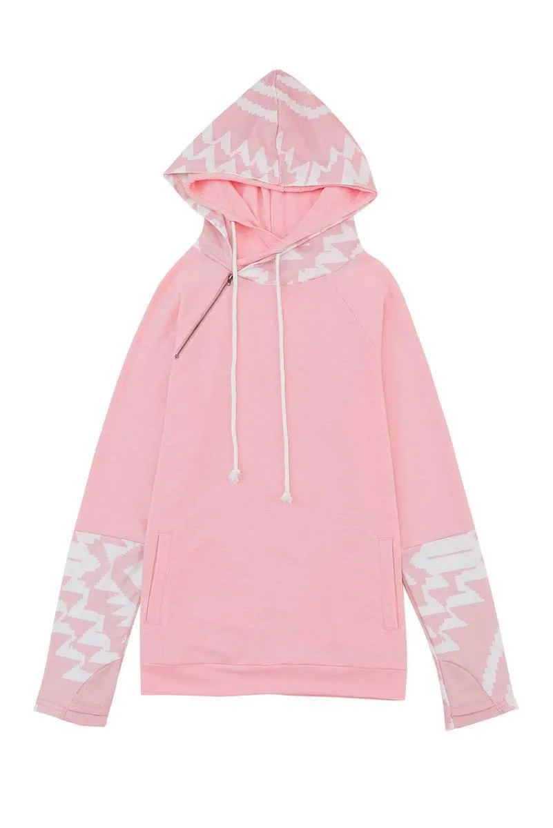 Pink Aztec Patchwork Thumb Hole Hoodie