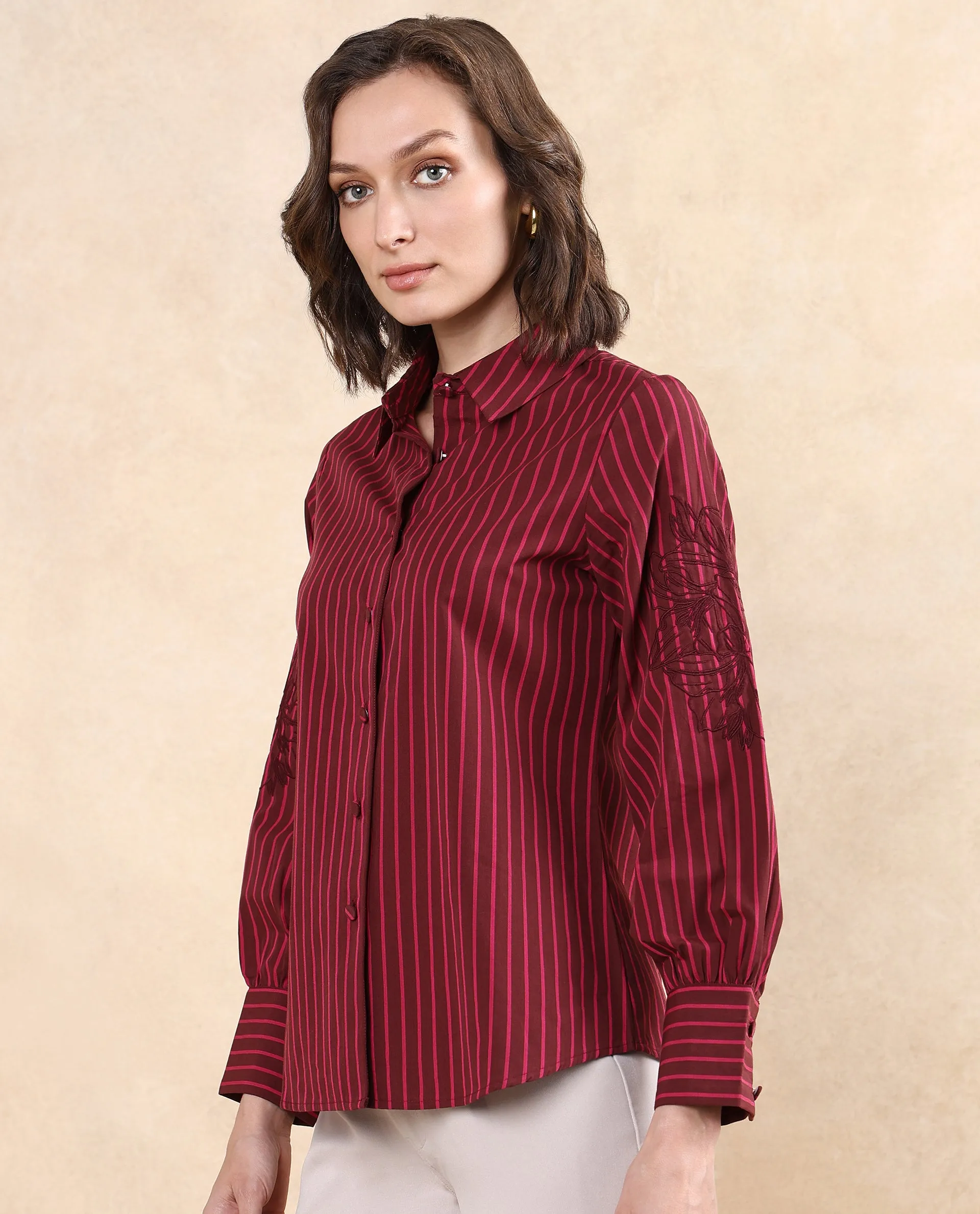 Rareism Women Jolvo Maroon Cotton Fabric Bishop Sleeve Collared Neck Button Closure Narrow Stripes Shirt