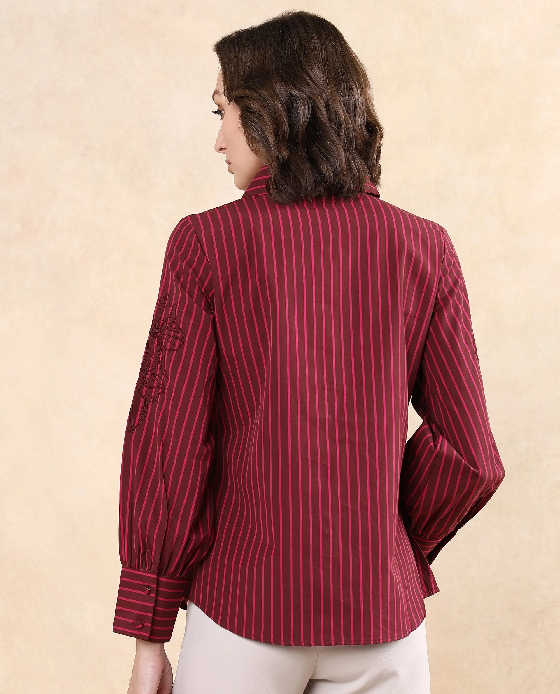 Rareism Women Jolvo Maroon Cotton Fabric Bishop Sleeve Collared Neck Button Closure Narrow Stripes Shirt