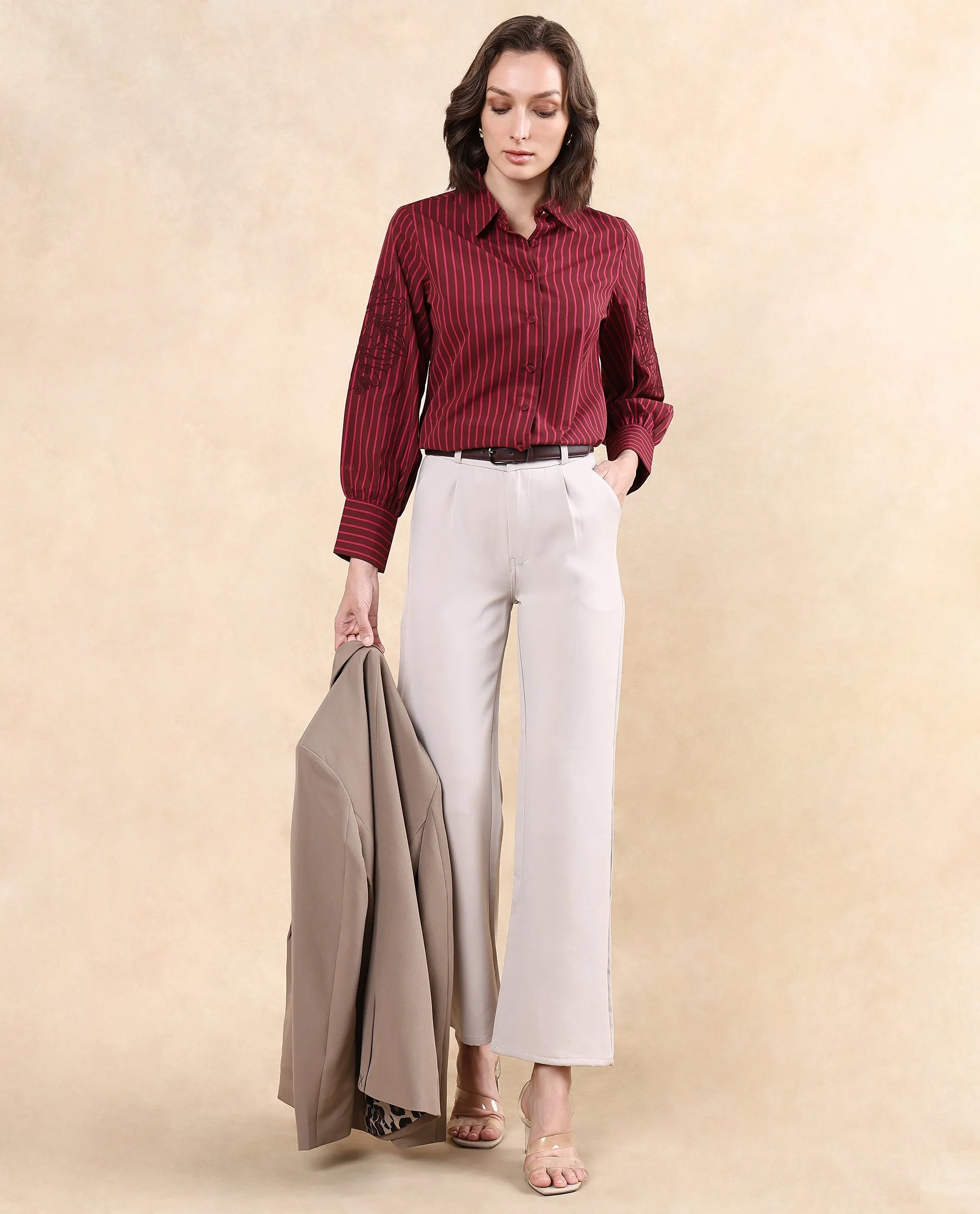 Rareism Women Jolvo Maroon Cotton Fabric Bishop Sleeve Collared Neck Button Closure Narrow Stripes Shirt