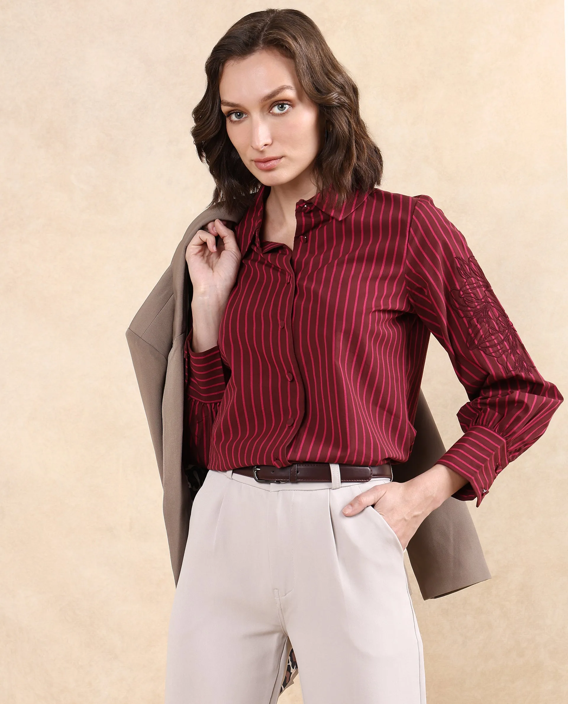 Rareism Women Jolvo Maroon Cotton Fabric Bishop Sleeve Collared Neck Button Closure Narrow Stripes Shirt