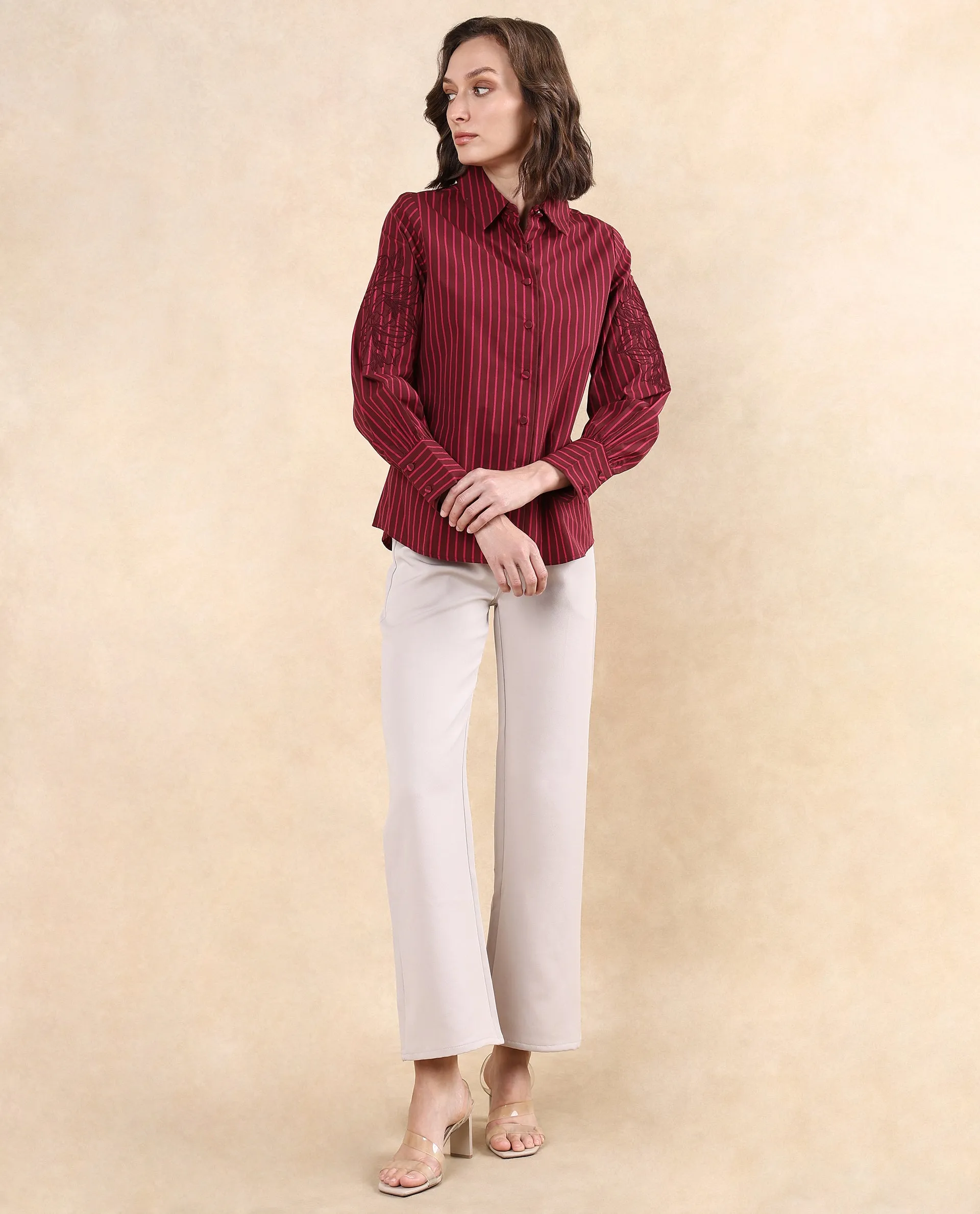 Rareism Women Jolvo Maroon Cotton Fabric Bishop Sleeve Collared Neck Button Closure Narrow Stripes Shirt