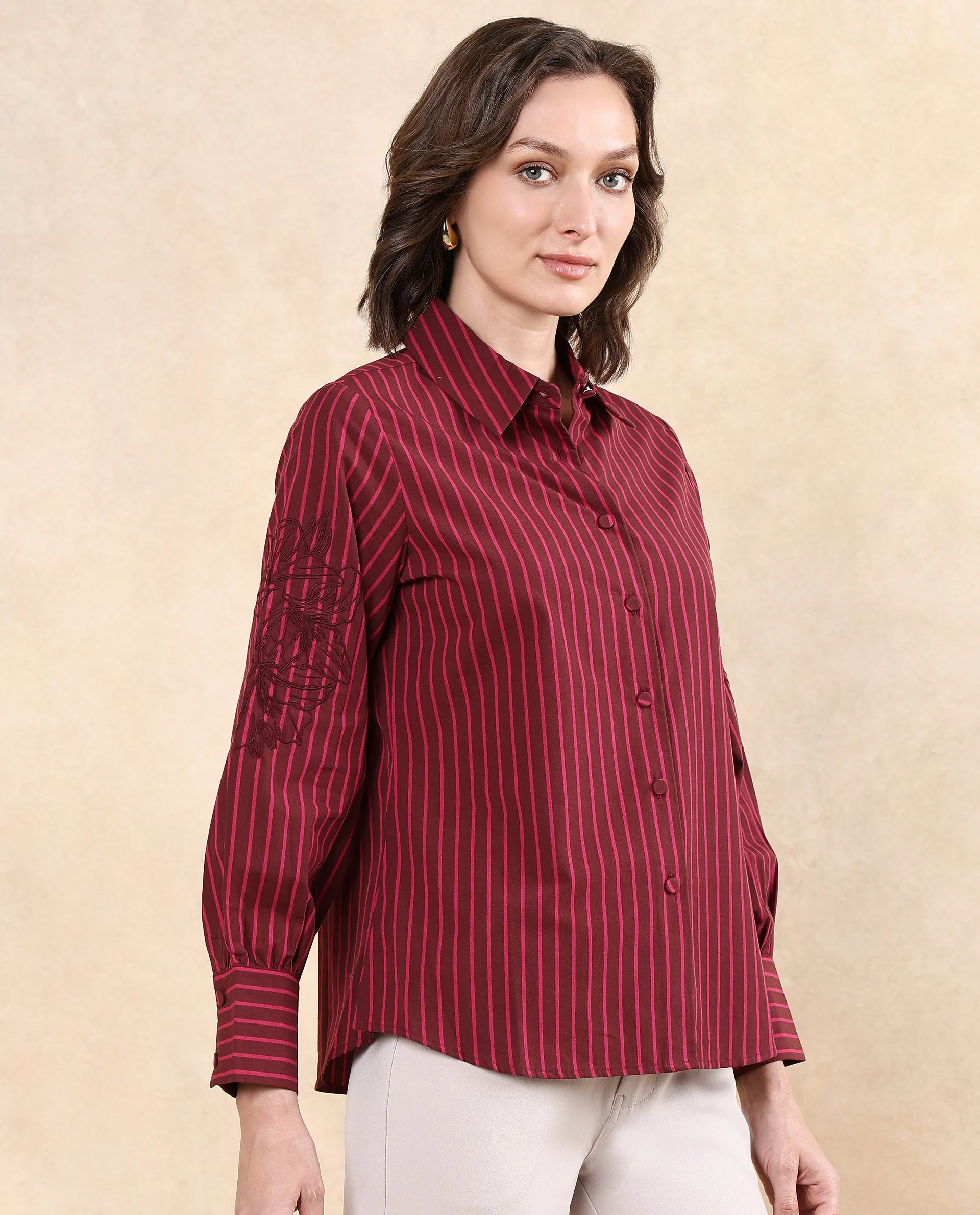 Rareism Women Jolvo Maroon Cotton Fabric Bishop Sleeve Collared Neck Button Closure Narrow Stripes Shirt